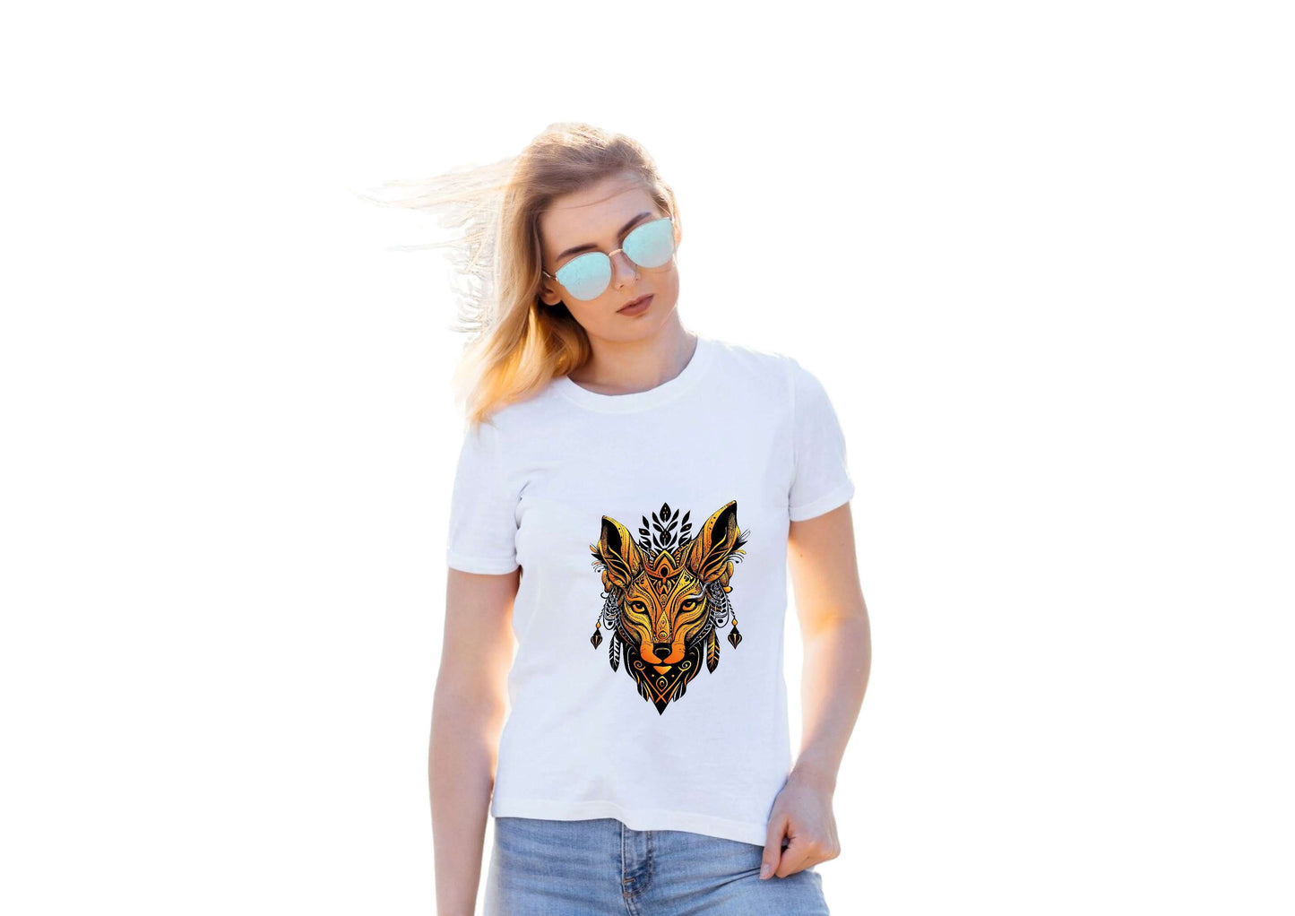 Woman in sunny outdoors wearing a white t-shirt with a colorful wolf graphic design. Stylish and trendy outfit.