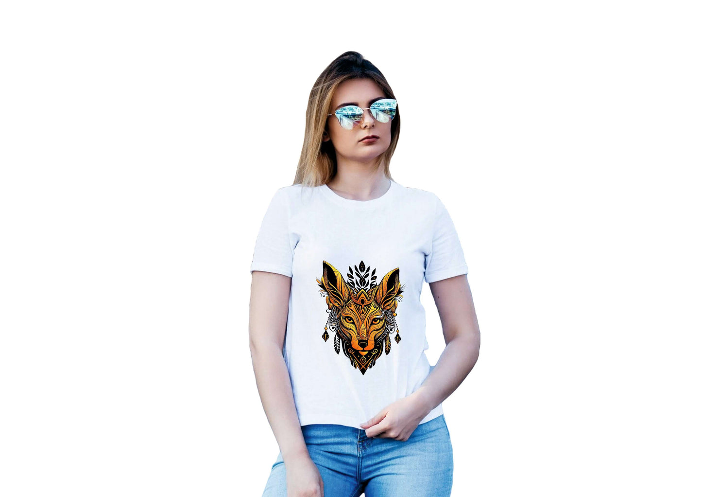Woman wearing a white round neck T-shirt with an artistic animal graphic print, paired with stylish sunglasses.