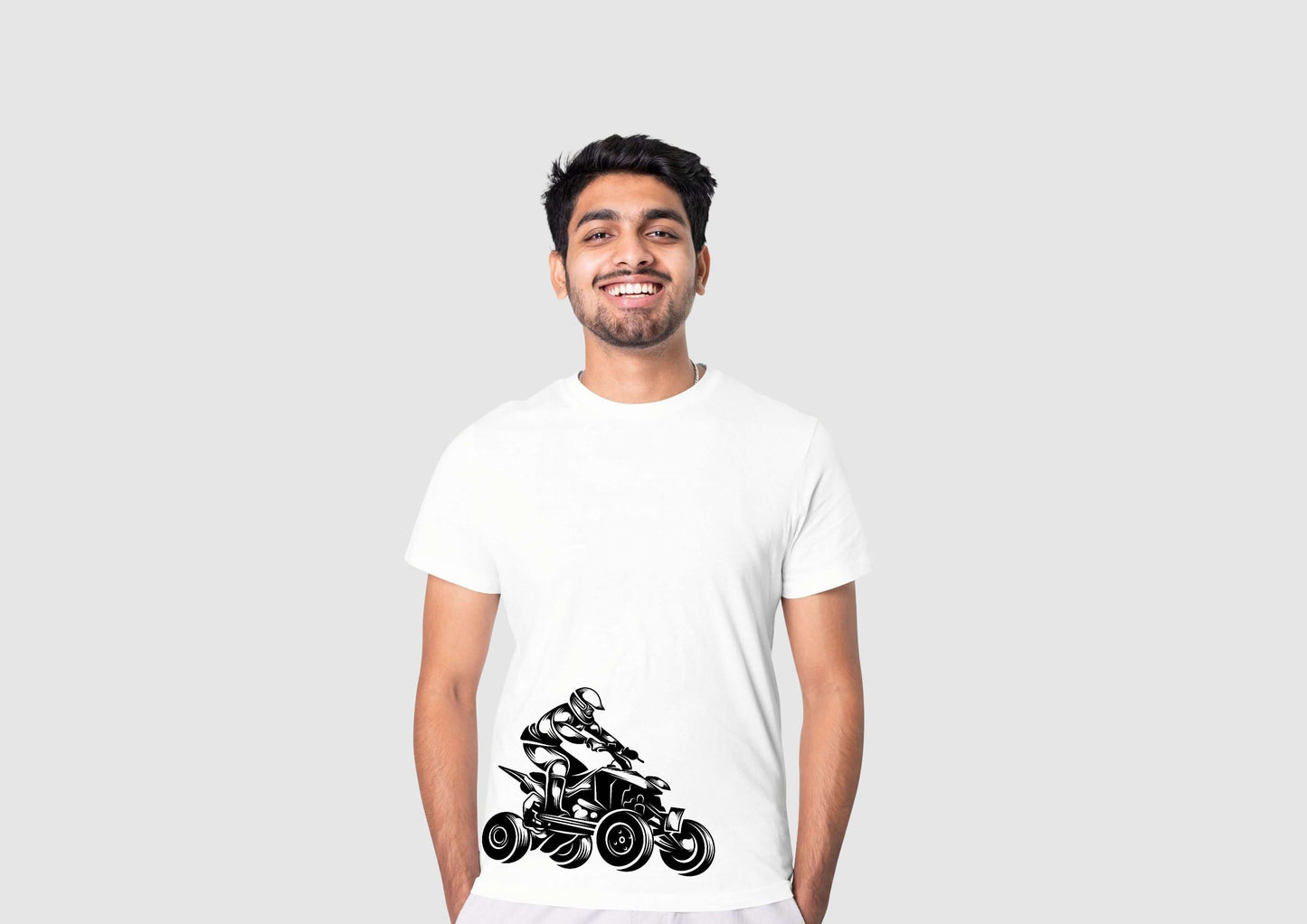 Man wearing ATV White Cotton Round Neck Graphic T-Shirt – Trendy Men’s Casual Outfit India