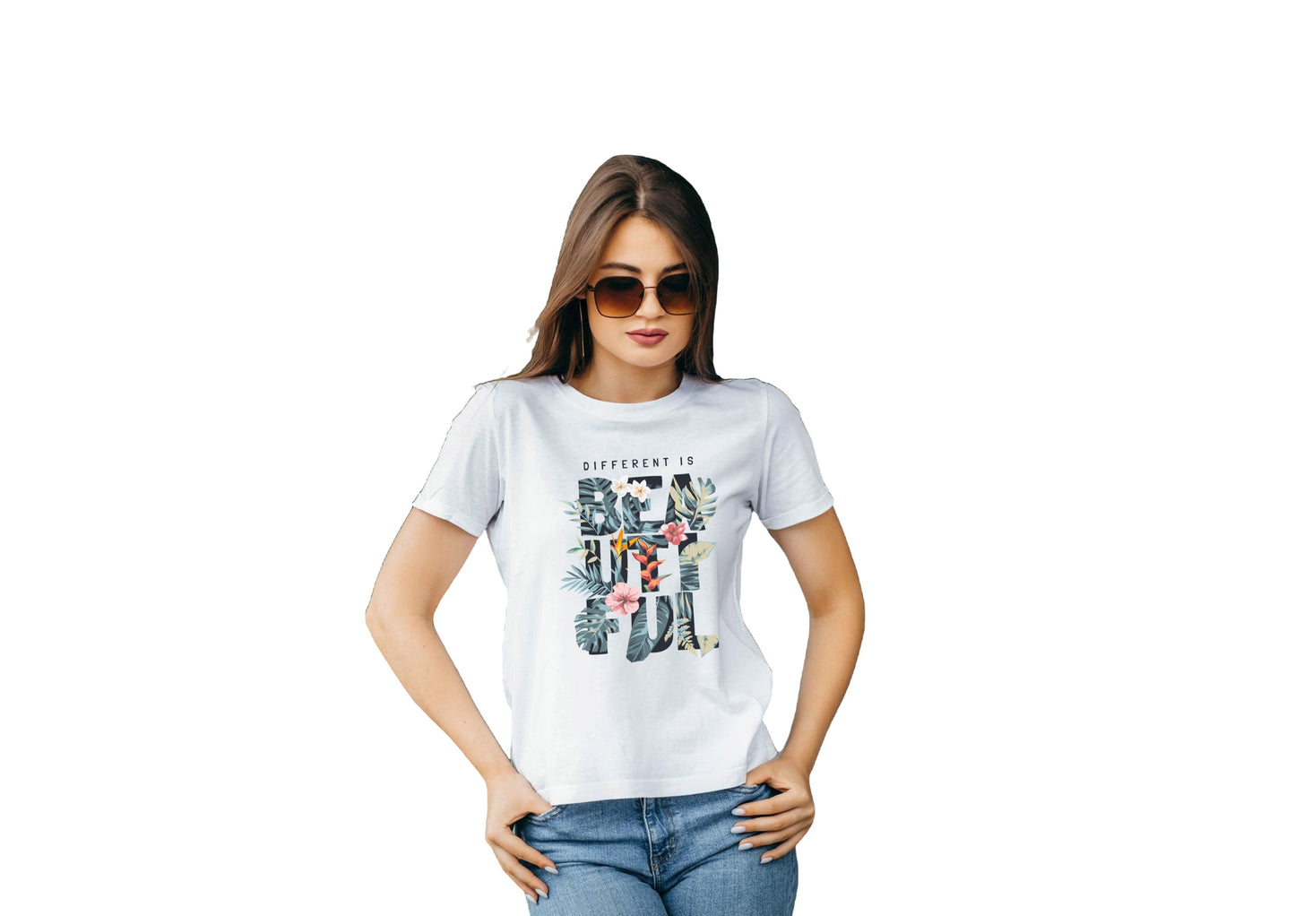 Tropical Leaves Flower - White | Design | Round Neck T-Shirt For Women/Girl | Cotton
