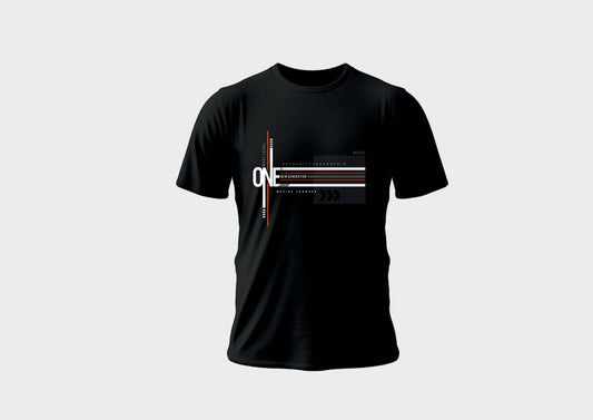 Black round neck t-shirt with graphic design featuring the word "ONE" and colorful lines, perfect for casual wear.