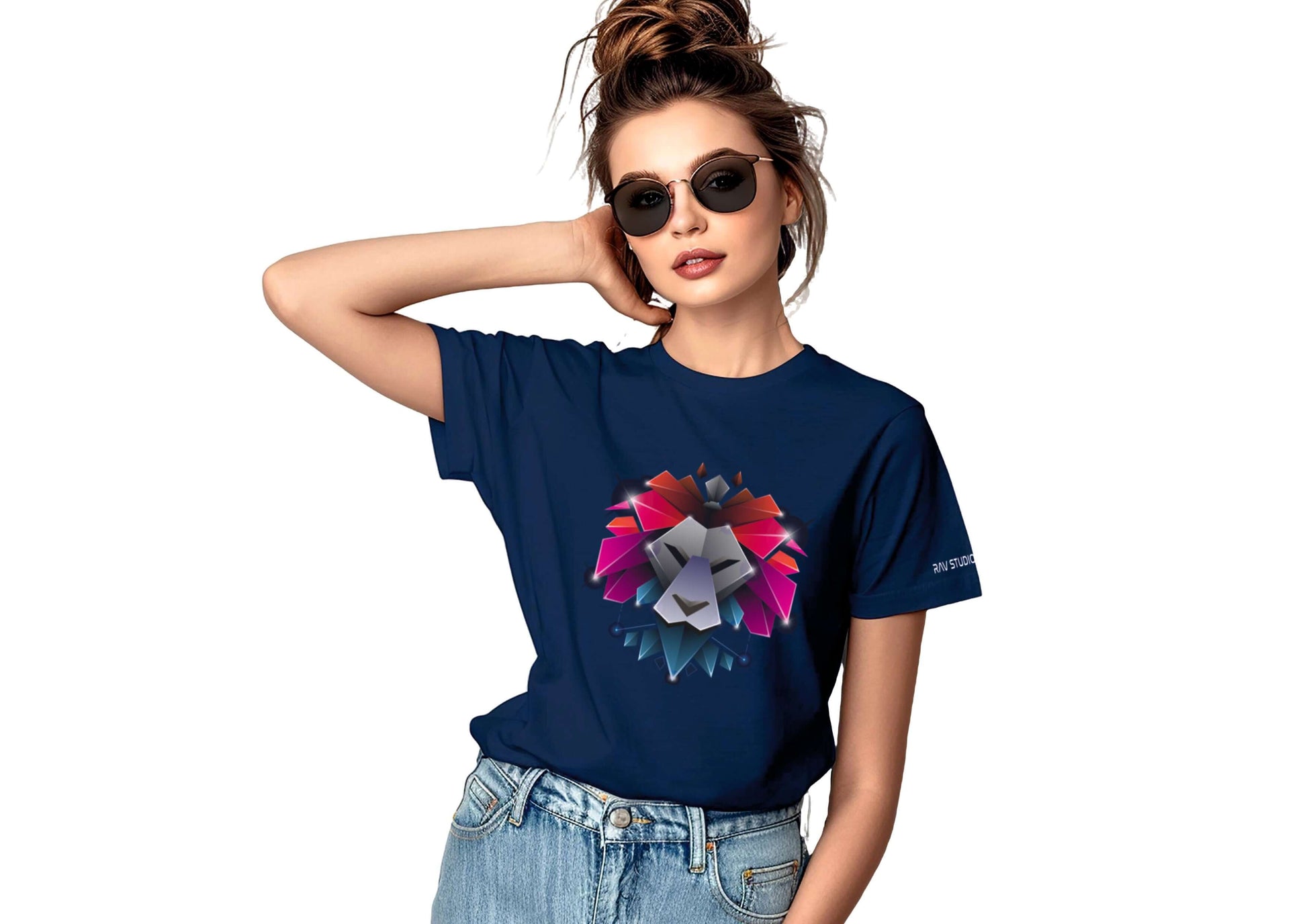 Model wearing a navy blue round neck cotton t-shirt with a colorful lion graphic design, perfect for women's casual style.