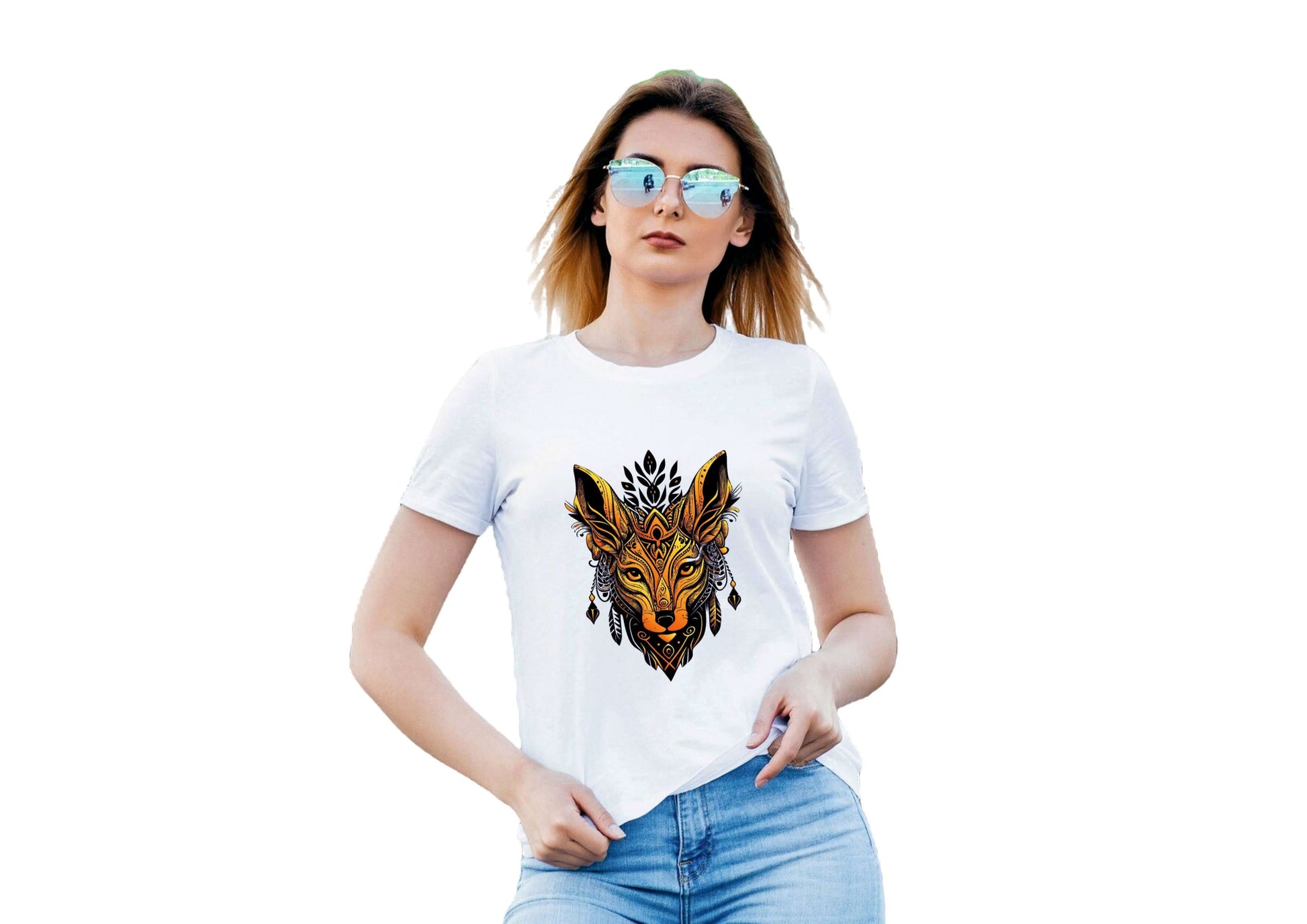 Woman wearing a white round neck T-shirt with a stylish animal graphic design, showcasing comfort and trendy fashion.