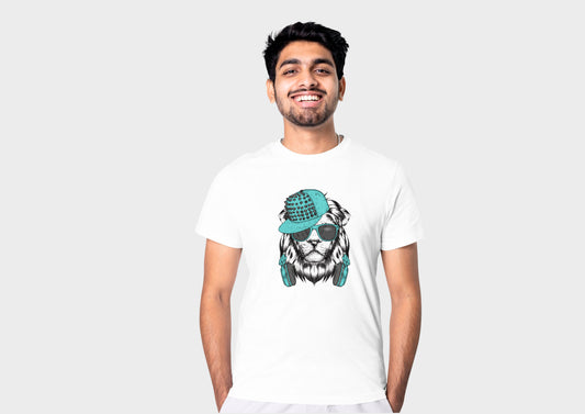 Lion with hipster cap - White | Design | Round Neck T-Shirt For Men | Cotton