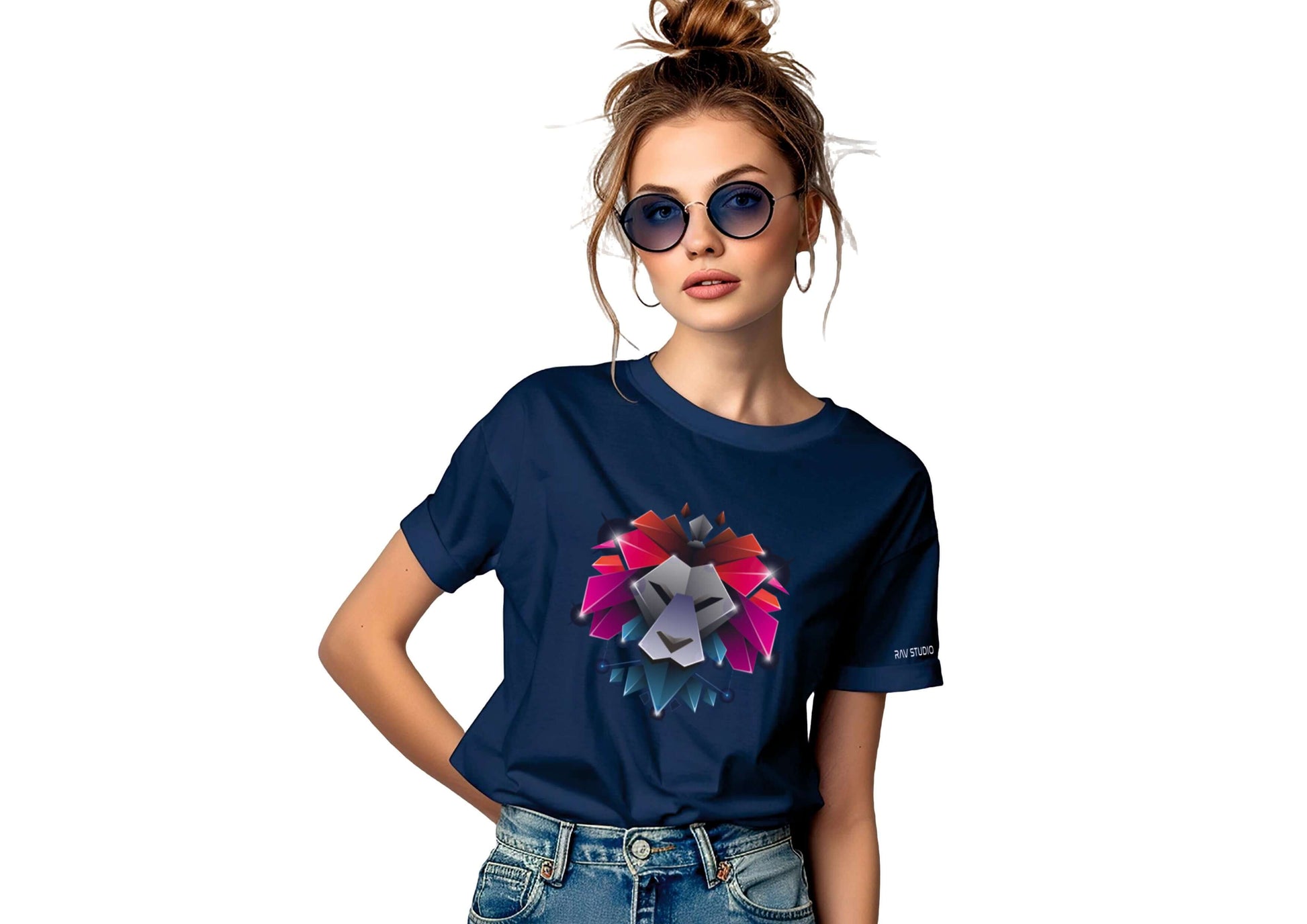 Navy blue round neck T-shirt for women featuring a colorful lion graphic design, styled with sunglasses and denim.