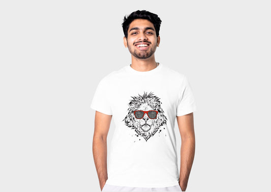 Lion with Sunglasses - White | Design | Round Neck T-Shirt For Men | Cotton