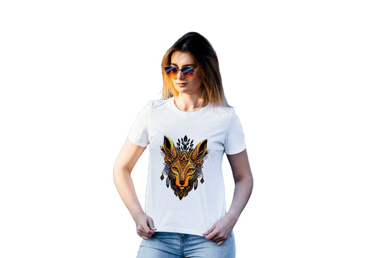 Woman wearing a white round neck t-shirt with a vibrant animal graphic design, paired with sunglasses.