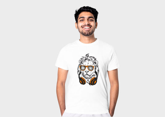 Lion with headphone - White | Design | Round Neck T-Shirt For Men | Cotton