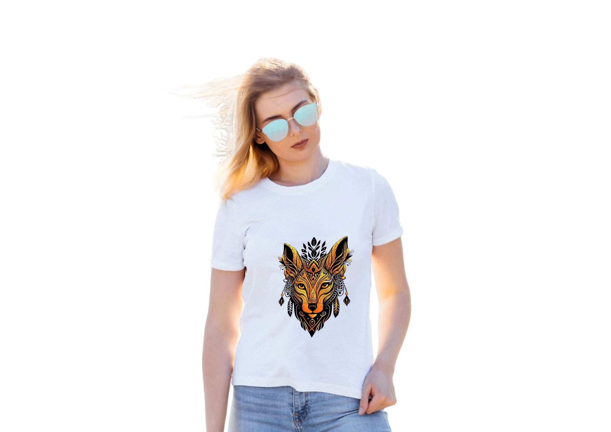Woman in sunny outdoors wearing a white t-shirt with a colorful wolf graphic design. Stylish and trendy outfit.