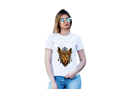 Woman wearing a white round neck T-shirt with an artistic animal graphic print, paired with stylish sunglasses.