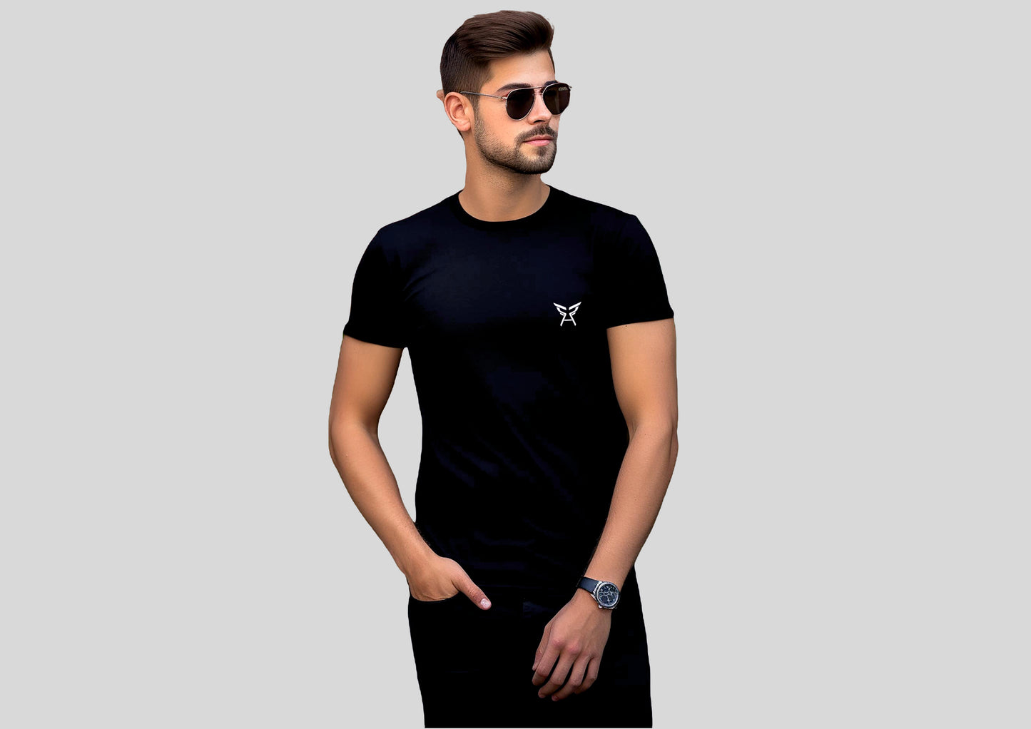 RAV Black Round Neck T-Shirt for Men - Cotton L Size