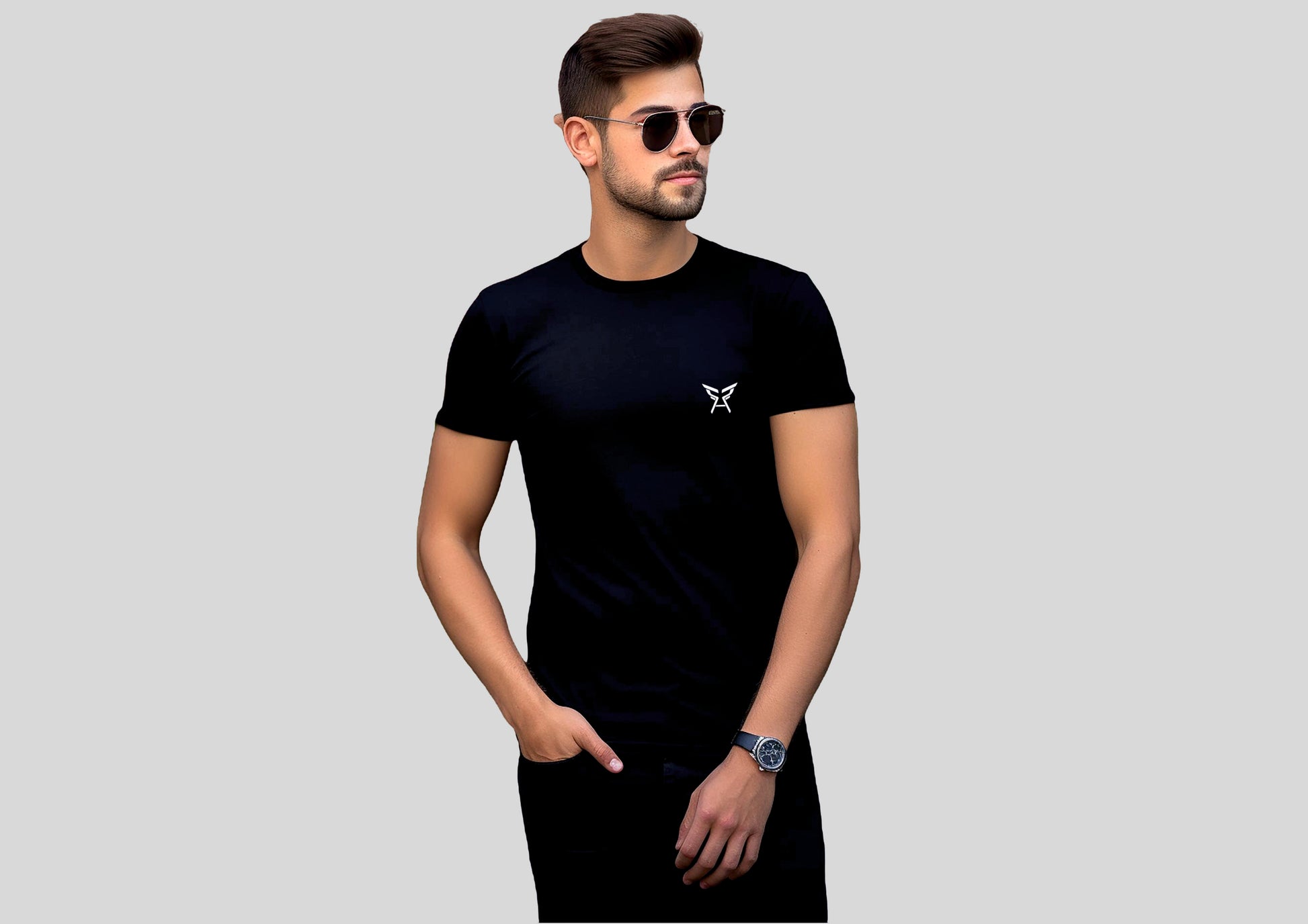 RAV Black Round Neck T-Shirt for Men - Cotton L Size