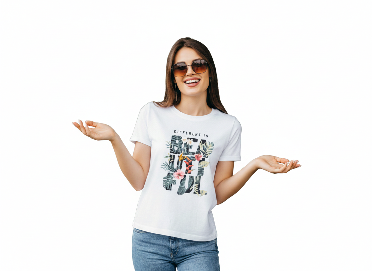 Tropical Leaves Flower White Round Neck T-Shirt for Women | RAV Studio