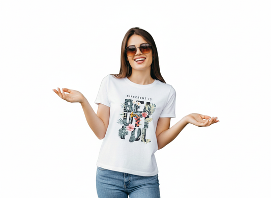 Tropical Leaves Flower White Round Neck T-Shirt for Women | RAV Studio