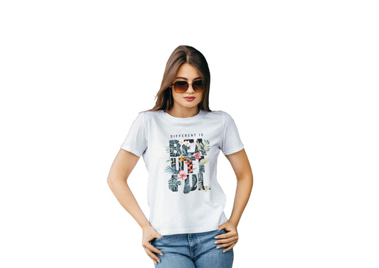 Tropical Leaves Flower - White | Design | Round Neck T-Shirt For Women/Girl | Cotton