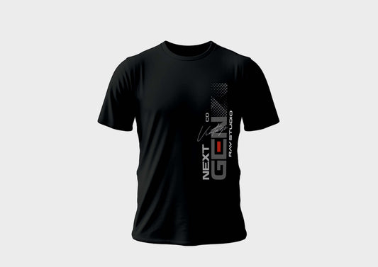 Next Gen black round neck T-shirt for men, featuring breathable cotton fabric and modern graphic design. Perfect for everyday wear.